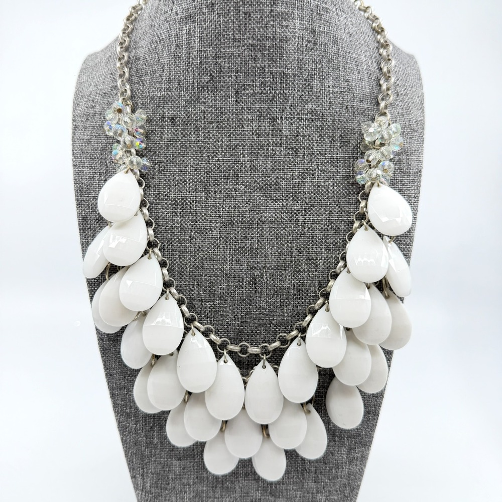 Statement White Teardrop Bib Necklace Silver Tone Crystal Accent Boho Glam Gift
